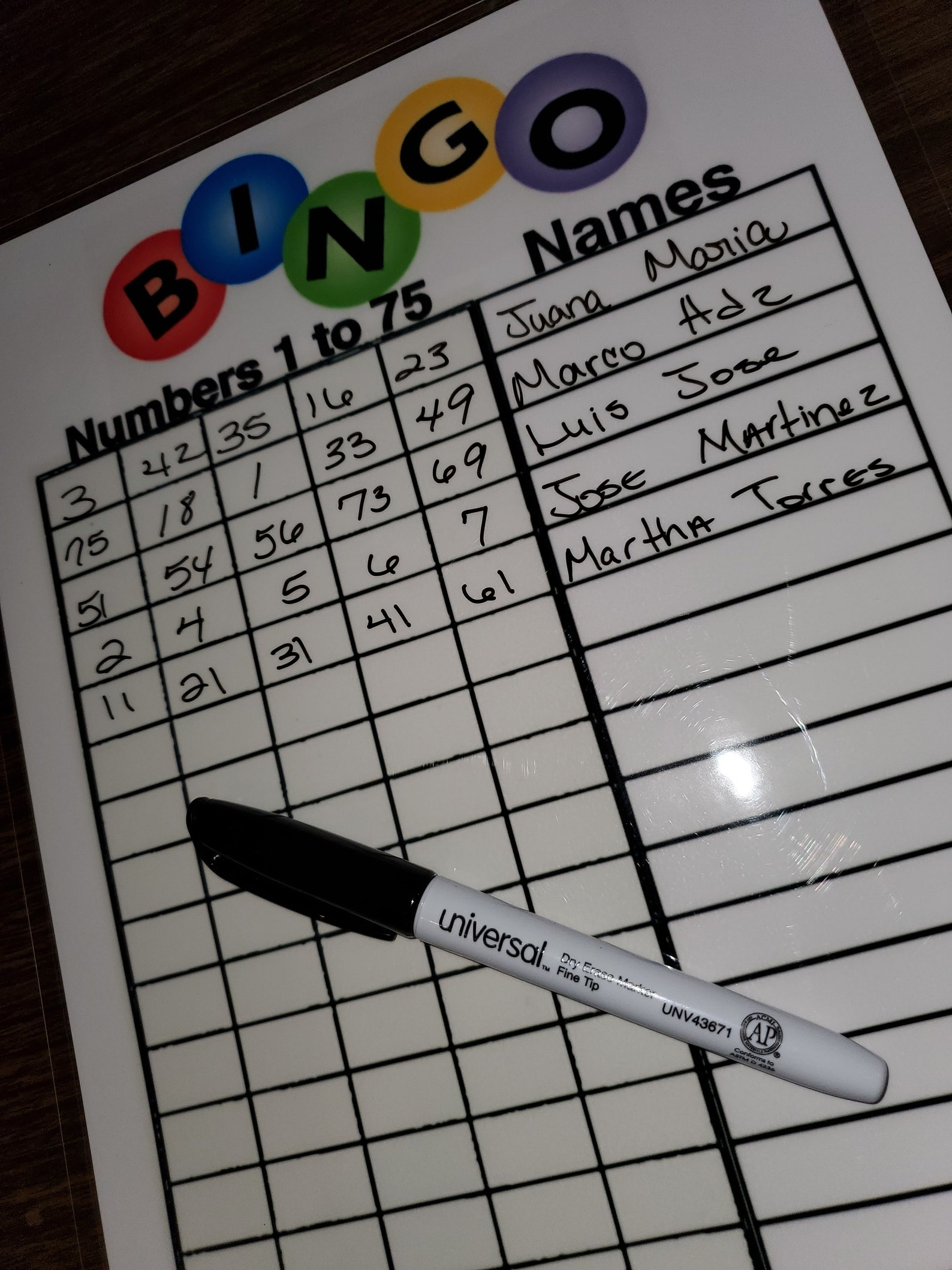 1 Laminated BINGO Raffle Note Sheet Bingo Loteria 5 Numbers Box and