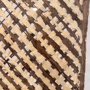 May include: Close-up of a woven material with a diagonal pattern. Alternating bands of light beige and dark brown create a grid-like design. The texture appears rough and natural, with visible fibers and small openings.