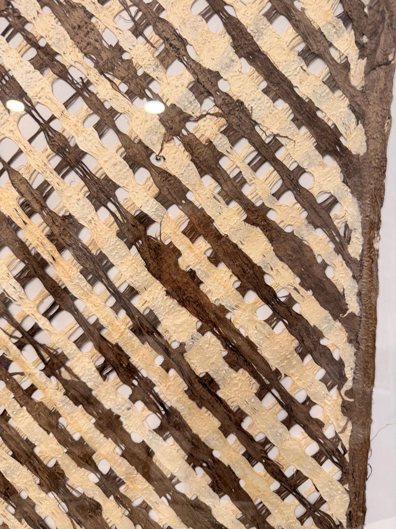 May include: Close-up of a woven material with a diagonal pattern. Alternating bands of light beige and dark brown create a grid-like design. The texture appears rough and natural, with visible fibers and small openings.