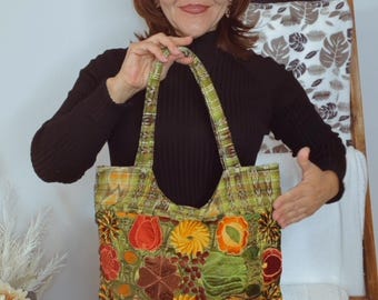 Hand-Embroidered Floral Mexican Tote Bag • Boho Purse with Zipper Pockets