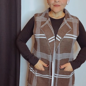 Handwoven Mexican Wool Blend Vest | Tan Plaid Sleeveless Vest | One Size Artisan Textile