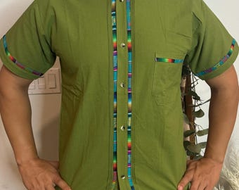 Handmade Mexican Cotton Shirt – Green Manta, Colorful Sarape Trim