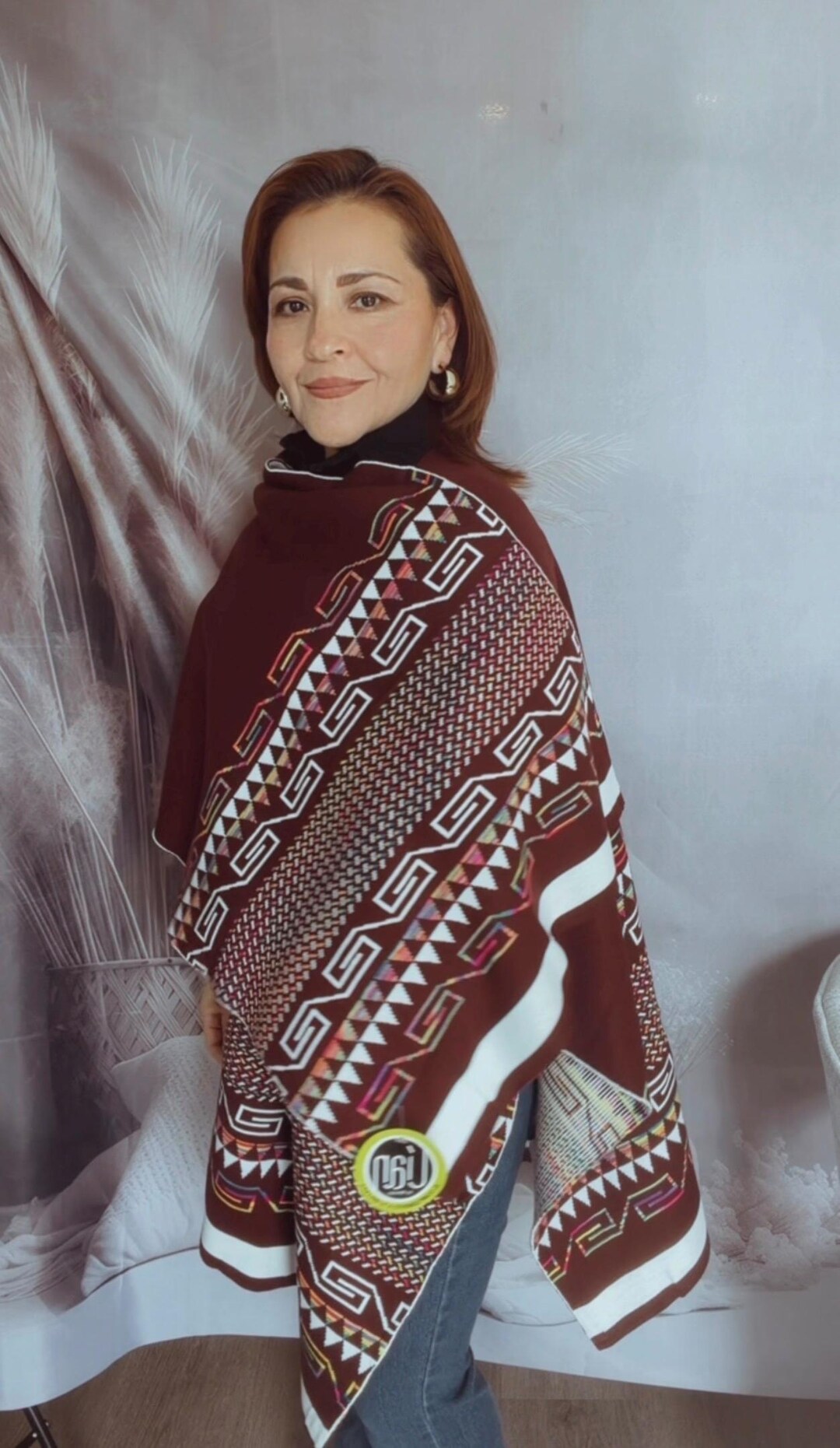 Burgundy Ruana Cape, Boho Geometric Acrylic Blend, Mexican Artisan ...