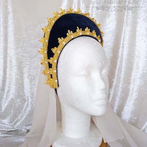 Medieval dark blue velvet headband, edged with gold silk braid and synthetic pearls. Medieval headdress. Renaissance headdress
