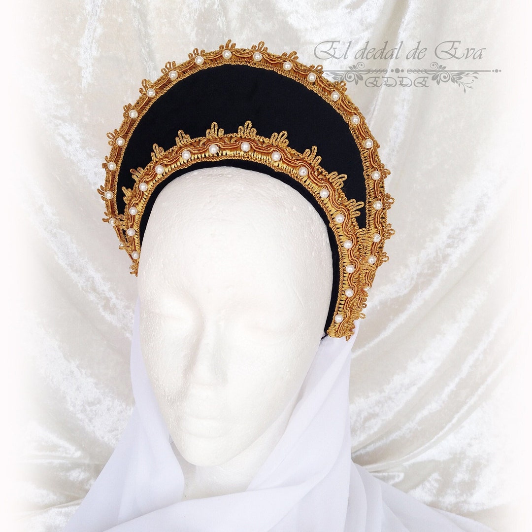 Medieval Headband Flat Headband Medieval Headdress Blue and Gold Velvet
