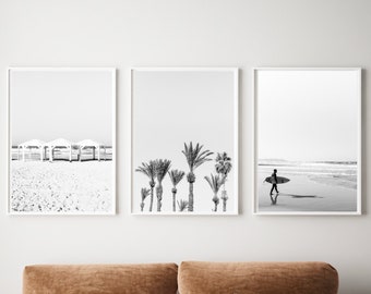 Wall Art Set Beach Palm Trees Black and White Coastal Prints Tel Aviv Summer Decor Printable Gallery Wall for Tropical Home