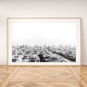 Tel Aviv skyline print, black and white photography, printable wall art, cityscape, Israel landscape, digital wall prints, sky poster, decor