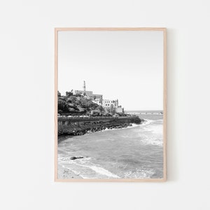 Black and white Printable wall art, Jaffa port, digital prints, wall prints, beach view, Tel Aviv Israel, historic photography, sea, coastal