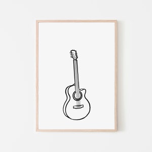 Guitar print, printable wall art, minimalist print, black white guitar illustration, digital prints, music art ,sketch poster, studio decor