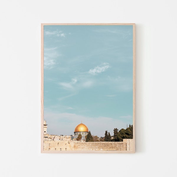 Dôme de l’impression rocheuse, art mural imprimable, paysage de Jérusalem, décor islamique, photo d’estampes bleues de ciel, dôme d’or, photographie d’art musulman