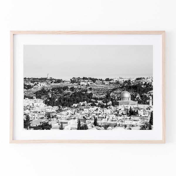 Black and white Jerusalem print, printable wall art, Israel landscape, jewish decor, digital wall print photo, Jerusalem skyline photography