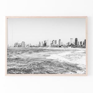 Impression d'horizon de Tel-Aviv, esthétique maison, art mural imprimable bricolage noir blanc, décoration murale de Tel-Aviv Israël, tirages d'affiches de ciel, photographie de plage