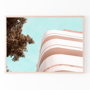 Architecture print, Tel Aviv, Printable wall art, blush pink teal bauhaus building print, pastel colors, minimalist modern art decor, Israel