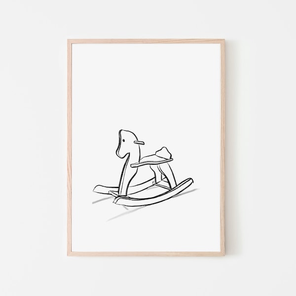 Rocking horse nursery wall print, line drawing, minimalist nursery decor, printable wall art, toy art, digital prints, baby poster, nursery