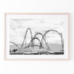 Roller coaster print, black and white printable wall art, Japan fuji Q, digital wall prints, roller coaster sky poster, amusement park photo