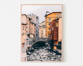 Andorra Buildings Print: River Bridge Urban Photography (Digital Download)