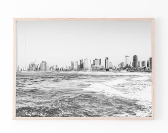 Tel Aviv skyline print Home aesthetic DIY black white printable wall art Tel Aviv Israel wall decor prints sky poster beach photography