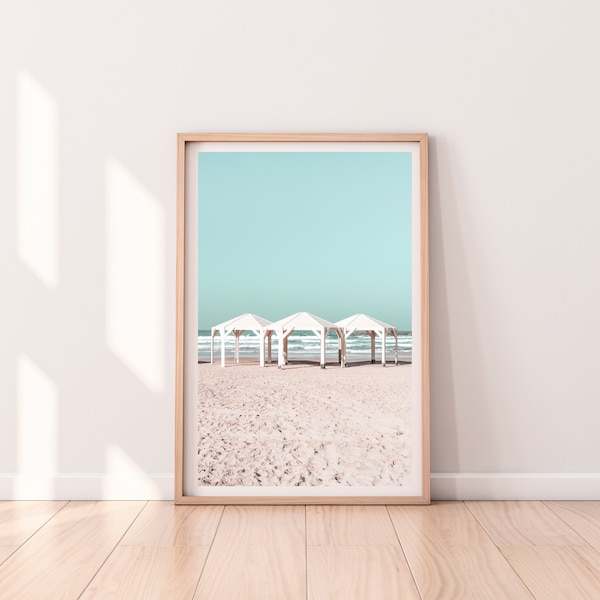 Beach print, Printable wall art, sun shades photo, wall decor, blue sky, white sand, digital download, Israel, summer photography, umbrella