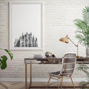 Impression de la cathédrale du Duomo, art mural imprimable, impression minimaliste, croquis noir et blanc de Milan, Italie, impression numérique, art moderne, affiche emblématique