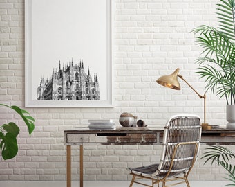 Duomo Cathedral Sketch Print: Milan Italy Landmark Original Wall Art Decor (Digital Print)