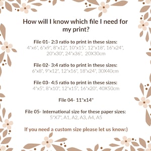 May include: A printable guide with instructions on how to choose the correct file size for a print based on the desired aspect ratio. The guide lists different file options with corresponding sizes in inches and centimeters.