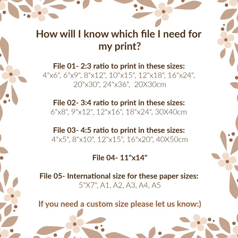 May include: A printable guide with instructions on how to choose the correct file size for a print based on the desired aspect ratio. The guide lists different file options with corresponding sizes in inches and centimeters.