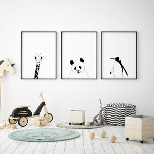 Decoración de pared para guardería, conjunto de tres impresiones de animales, impresiones para habitación de bebé, jirafa, oso panda, pingüino, póster para niños, arte de pared imprimible en blanco y negro