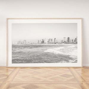 Tel Aviv skyline print, soft black white, printable wall art, Tel Aviv Israel landscape, digital prints, sky poster, beach photography decor