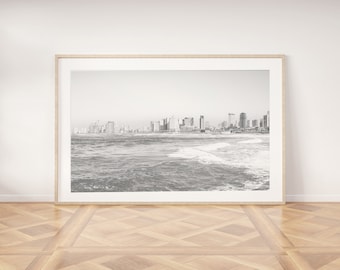 Tel Aviv Skyline Wall Art Print: Black and White Beach Photography (Digital Download)