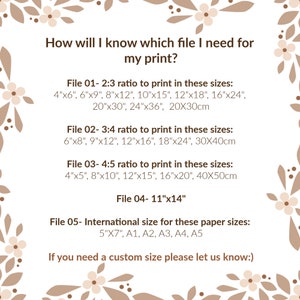 May include: A printable guide with instructions on how to choose the correct file size for a print based on the desired aspect ratio. The guide lists different file options with corresponding sizes in inches and centimeters.