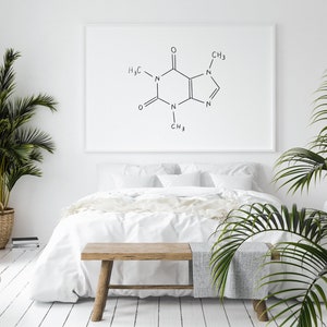 Impresión de pared de cocina, molécula de cafeína, arte de pared, póster de molécula, regalo para amantes del café, impresión de pared imprimible, arte moderno en blanco y negro, decoración de cocina