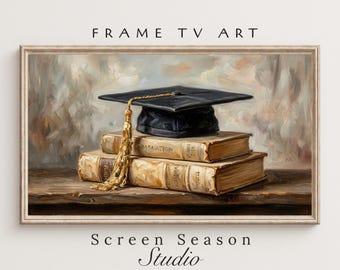 Graduation Cap Frame TV Art Vintage Books Academic Still Life Oil Painting Samsung Digital Download
