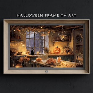 Könnte beinhalten: Gerahmtes digitales Kunstwerk für einen Fernsehbildschirm, das eine Halloween-Küchenszene zeigt. Das Bild zeigt einen geschnitzten Kürbis, eine schwarze Katze und einen Tisch mit Essen. Der Text "HALLOWEEN FRAME TV ART" befindet sich oben.
