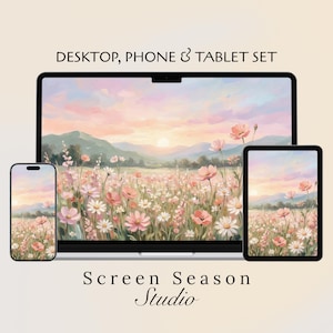 Puede incluir: Un conjunto de fondos de pantalla digitales para escritorio, teléfono y tableta. Las pantallas muestran un paisaje pastel con un campo de flores rosas y blancas, montañas y una puesta de sol. El texto "DESKTOP, PHONE & TABLET SET" y "Screen Season Studio" son visibles.