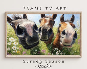 Spring Frame TV Art Funny Horses Whimsical Oil Painting Samsung Digital Download