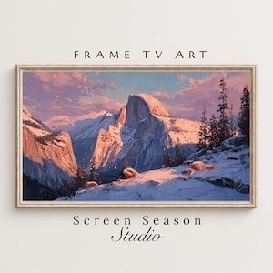 May include: A framed landscape painting of a snow-covered mountain range under a pink and blue sky. The artwork is labeled "FRAME TV ART" at the top and "Screen Season Studio" at the bottom.