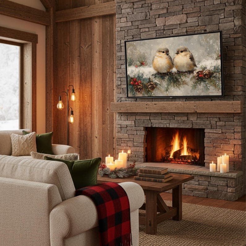May include: A cozy living room scene with a stone fireplace and a burning fire. A framed artwork of two birds on a snowy branch hangs above the fireplace. The room features a beige sofa, green pillows, and a red and black plaid blanket.