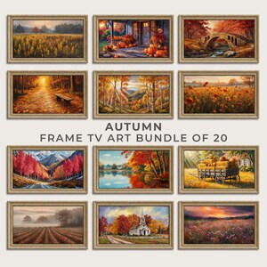 May include: A collection of framed autumn landscape paintings. The artwork features scenes of fall foliage, fields, and buildings. The text "AUTUMN FRAME TV ART BUNDLE OF 20" is displayed below the paintings.