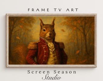 Regal Autumn Squirrel in Military Uniform – Whimsical Oil Painting Style Animal Portrait | Thanksgiving Frame TV Art