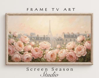 Spring Frame TV Art Paris Eiffel Tower Pink Roses Oil Painting Samsung Digital Download