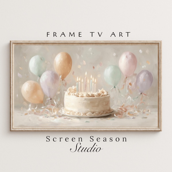 Birthday Frame TV Art: Pastel Cake Balloons Celebration Still Life Samsung Digital Download