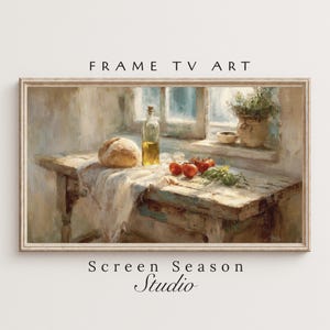 Könnte beinhalten: Gerahmter digitaler Kunstdruck mit einem rustikalen Stillleben. Ein Brotlaib, Tomaten und eine Ölflasche liegen auf einem Holztisch. Der Text "FRAME TV ART" und "Screen Season Studio" sind sichtbar.
