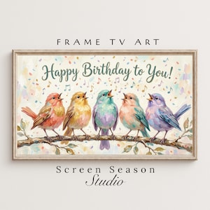Könnte beinhalten: Gerahmter digitaler Kunstdruck mit fünf bunten Vögeln, die auf einem Ast singen. Das Kunstwerk enthält den Text "Happy Birthday to You!" mit Noten und Konfetti. Der Rahmen ist hellbeige.