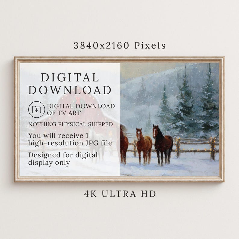 K&ouml;nnte beinhalten: Digitaler Download von TV-Kunst. Das gerahmte Bild zeigt eine Winterlandschaft mit Pferden. Der Text auf der linken Seite lautet "DIGITALER DOWNLOAD" und "4K ULTRA HD". Das Bild ist nur f&uuml;r die digitale Anzeige bestimmt.