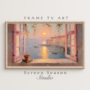 May include: A framed painting showing a coastal scene through an open window. The artwork features a sunset over the water, with colourful buildings and pink window frames. The text "FRAME TV ART" and "Screen Season Studio" are visible.