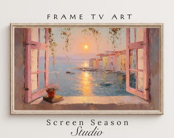 Spring Frame TV Art Coastal Sunset Window Oil Painting Samsung Digital Download