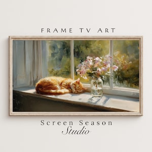 Könnte beinhalten: Gerahmter Kunstdruck mit einer friedlichen Szene: eine schlafende, orangefarbene Katze auf einer Fensterbank. Eine Glasvase enthält rosa und weiße Blumen. Der Text "FRAME TV ART" und "Screen Season Studio" sind sichtbar.