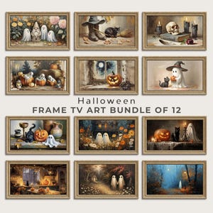 Könnte beinhalten: Eine Sammlung von zwölf gerahmten Halloween-Kunstdrucken. Jeder Druck zeigt einen Vintage-Stil mit gruseligen Bildern, darunter Geister, Kürbisse, schwarze Katzen und Kerzen. Der Text "Halloween FRAME TV ART BUNDLE OF 12" ist zu sehen.