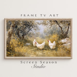 May include: A framed landscape painting featuring three white chickens in a field with yellow flowers and olive trees. The artwork has a light beige frame and the text "FRAME TV ART" and "Screen Season Studio".
