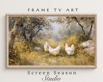 White Chickens Meadow Vintage Spring Oil Painting Samsung Frame TV Art Digital Download